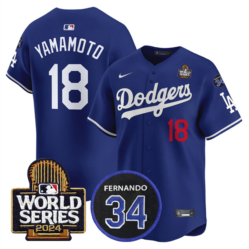 Men's Los Angeles Dodgers #18 Yoshinobu Yamamoto Royal 2024 World Series With Fernando Memorial Patch Limited Stitched Baseball Jersey Men's Los Angeles Dodgers #18 Yoshinobu Yamamoto Royal 2024 World Series With Fernando Memorial Patch Limited Stitched Baseball Jersey
